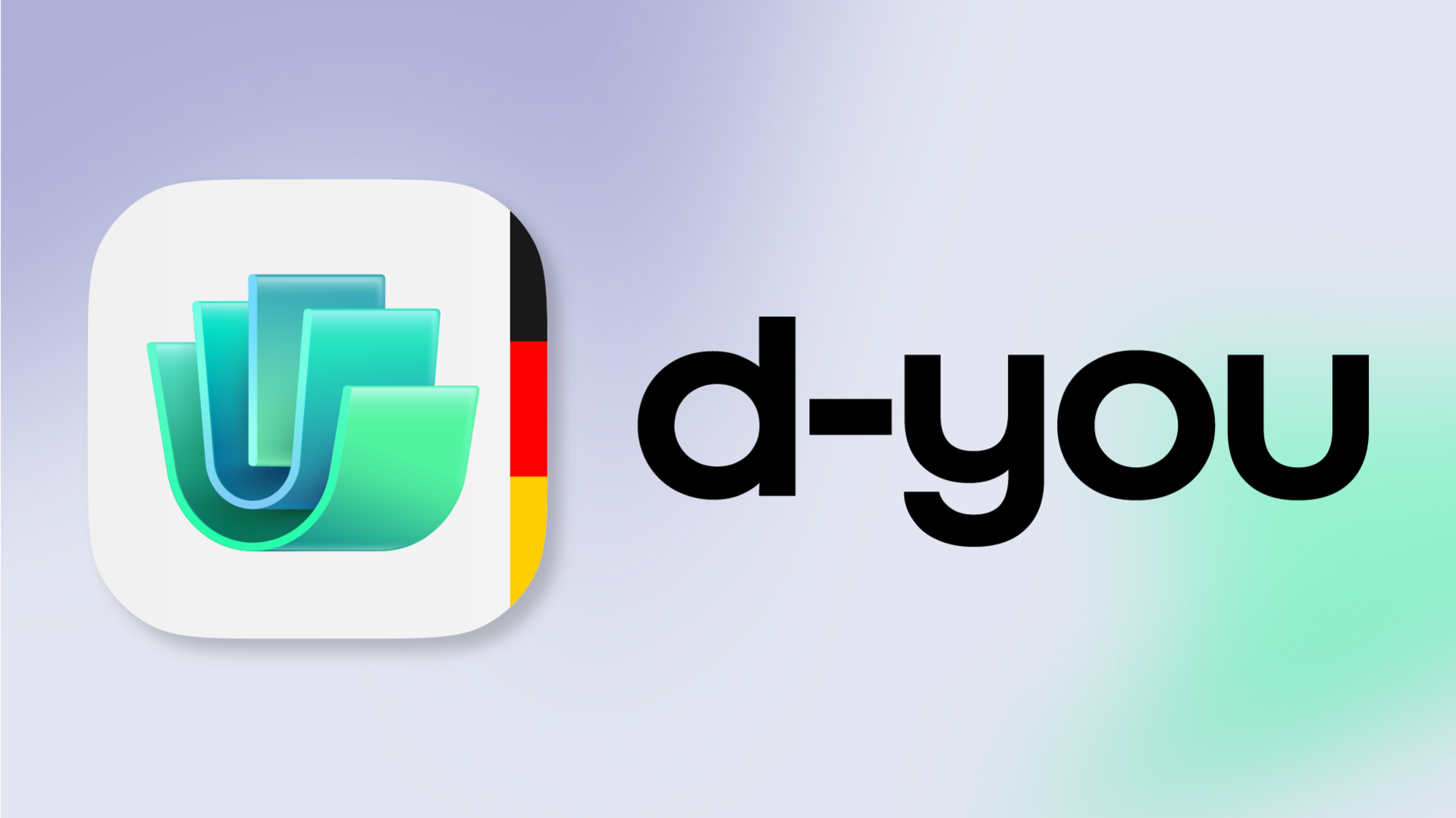 Logo der Wallet d-you mit grafischem Element, dass einer abstrakten Hand und Wallet gleicht sowie dem Schriftzug d-you. Dahinter ein Farbverlauf, der von Lila/Flieder in Türkis übergeht.